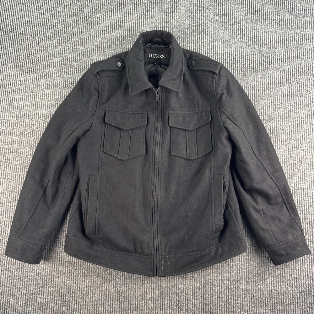 Guess Wool Blend Military Field Jacket Men Large Black Full Zip Utility Coat